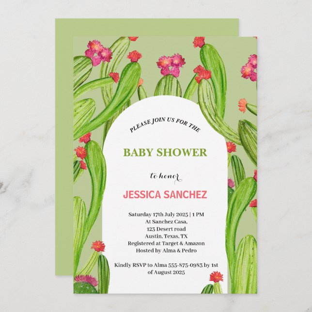 Invitation Arc de Cactus du désert Baby shower d'aquarelle bo (Devant / Derrière)