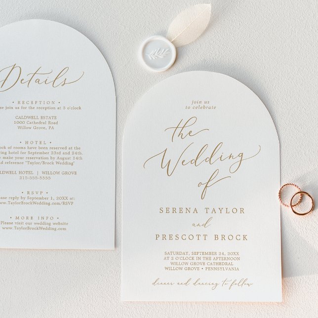 Invitation Arc De Calligraphie Or Délicat Tout En Un Mariage (Delicate Gold Calligraphy Arch All In One Wedding Invitation)