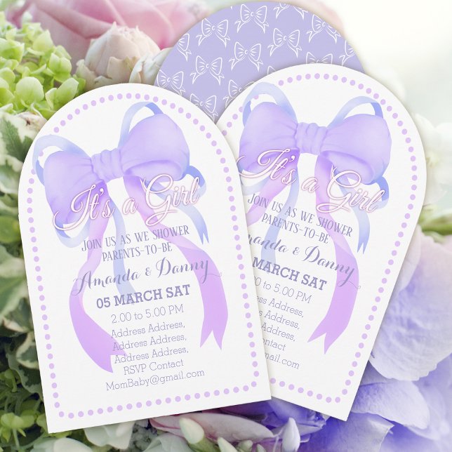 Invitation Arc de cérémonie de bébé ruban à nœud papillon vio (Lovely Purple Ribbon Baby Girl Shower Arch Card Design.)