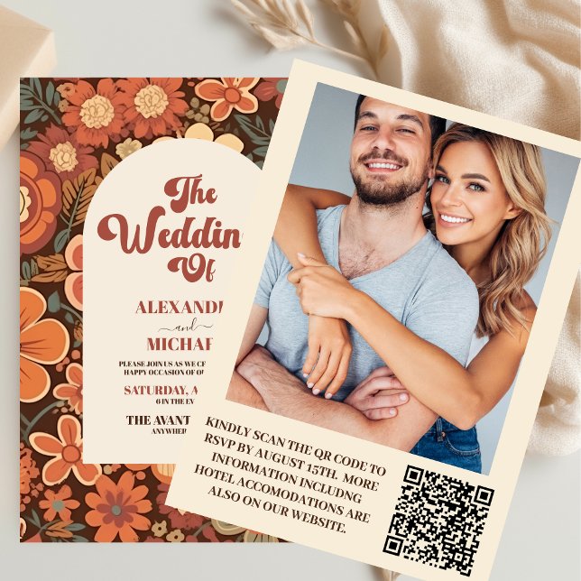 Invitation Arc de code QR Super rétro les années 70 Mariage F (Créateur téléchargé)