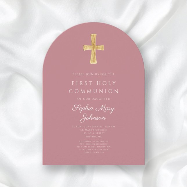 Invitation Arc de communion de première fille rose moderne (Modern Pink Cross Girl First Communion Arch Invitation)