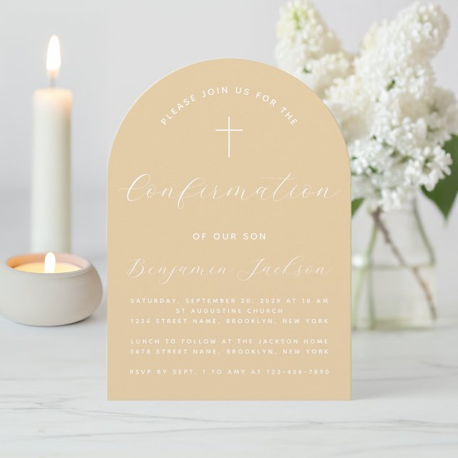 Invitation Arc de confirmation Beige Simple Croix Script Mode (Créateur téléchargé)