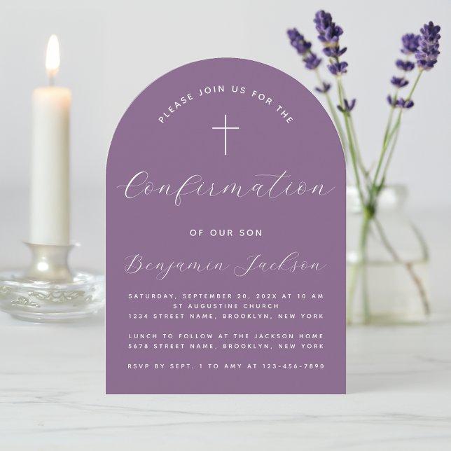 Invitation Arc de confirmation Dusty Purple Script moderne Cr (Créateur téléchargé)
