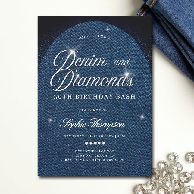 Invitation Arc de diamants de Denim Script 30e fête d'anniver (denim and diamonds invitation template 30th 50th sweet 16 elegant classy arch script)
