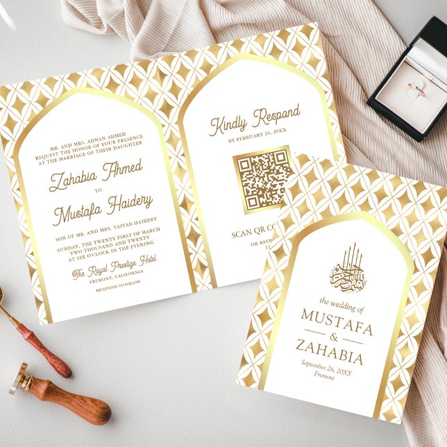 Invitation Arc de diamants d'or blanc QR Code Mariage musulma (Créateur téléchargé)