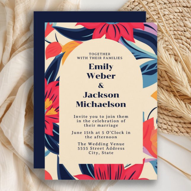 Invitation Arc de Fleur Rouge Bleu Gras Mariage  (Navy blue and red retro -style flowers wedding invitation)