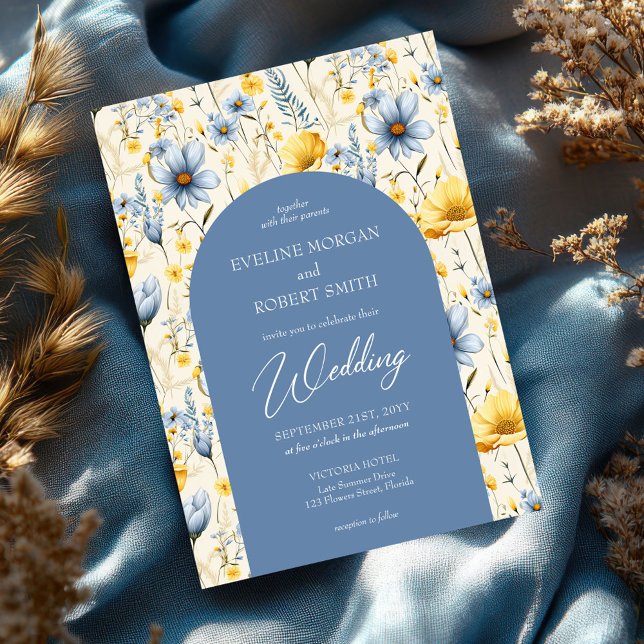 Invitation Arc de fleurs de chalet bleu et jaune roux printem (trendy light pastel blue and yellow spring flowers wedding invitation)