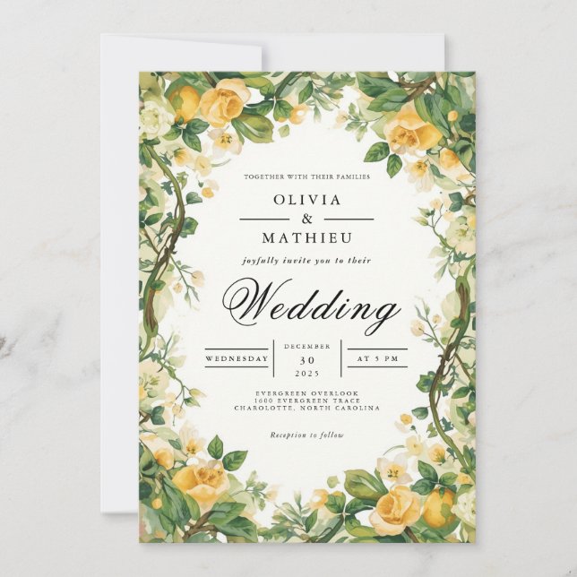 Invitation Arc de fleurs dorées Mariage floral (Devant)