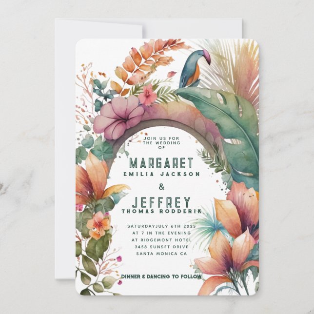 Invitation Arc de fleurs exotiques Mariage chic d'été tropica (Devant)