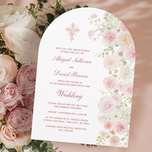 Invitation Arc de fleurs roses et pêche pour mariage religieu (Créateur téléchargé)
