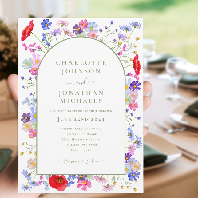 Invitation Arc de fleurs sauvages colorées (Colorful wildflower arch with elegant green typography script wedding invitation )