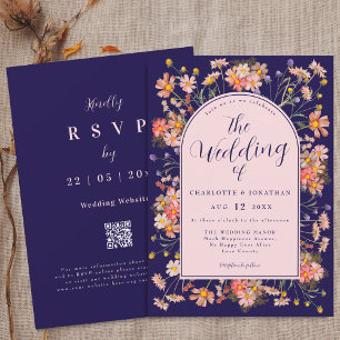 Invitation Arc de fleurs sauvages élégant bleu marine rose Ma