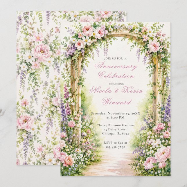 Invitation Arc de Jardin Floral pour Anniversaire (Devant / Derrière)