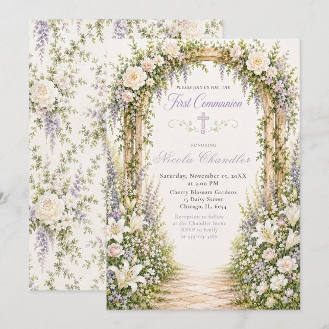 Invitation Arc de jardin floral pour la première communion (Devant / Derrière)