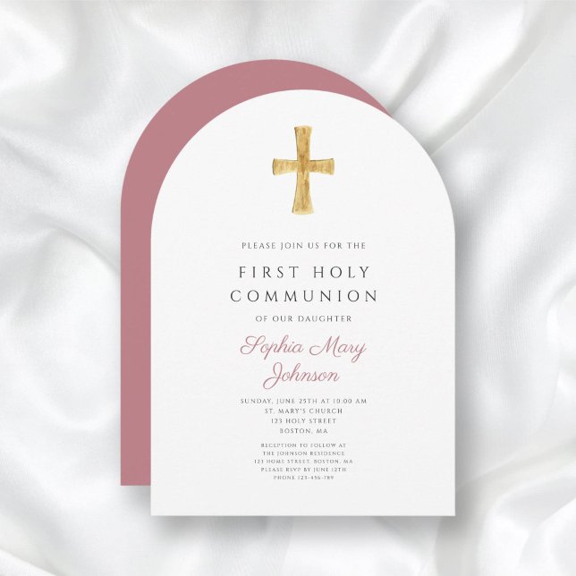 Invitation Arc de la Sainte Communion Fille Rose moderne (Modern Pink Cross Girl Holy Communion Arch Invitation)