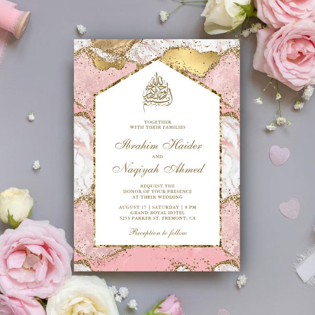 Invitation Arc de marbre rose blush or blanc Mariage musulman (Créateur téléchargé)