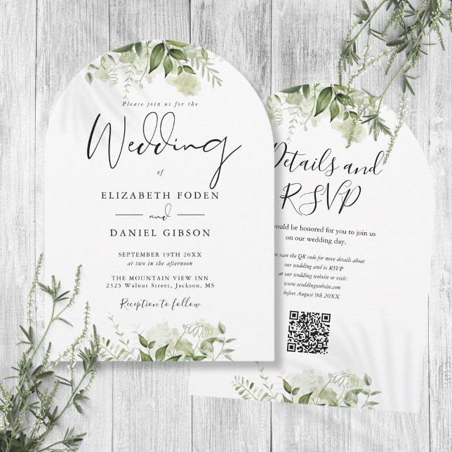 Invitation Arc de mariage à code QR floral de verdure moderne (Modern Greenery Floral QR Code Wedding Arch Invitation)