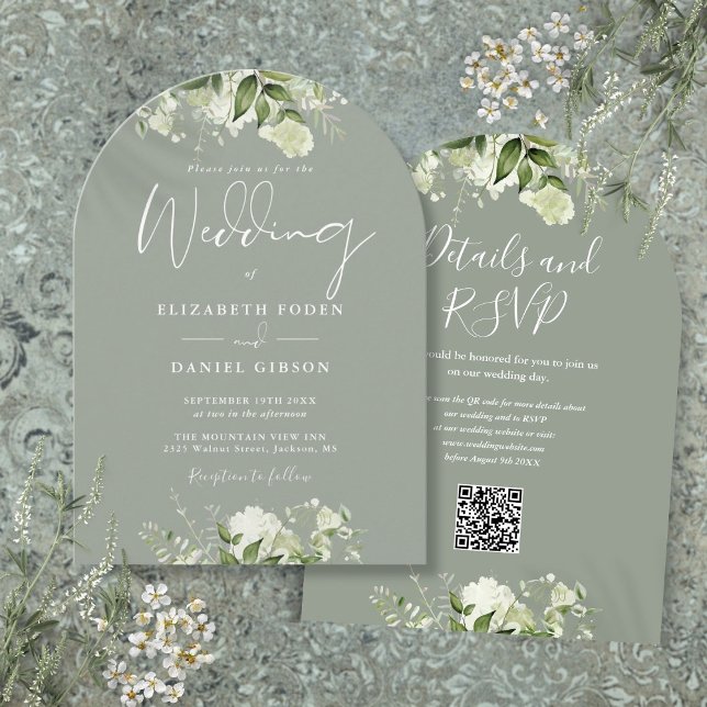 Invitation Arc de mariage à code QR floral vert sauge (Sage Green Floral QR Code Wedding Arch Invitation)