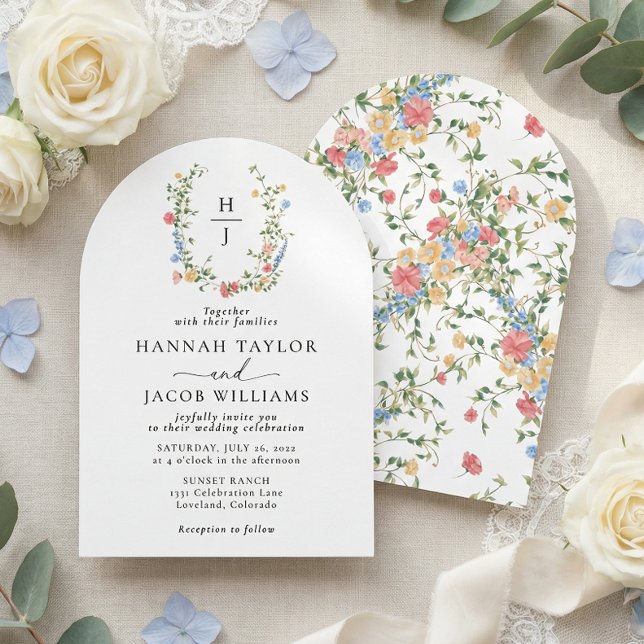 Invitation Arc de mariage à monogramme de fleurs sauvages élé (Créateur téléchargé)