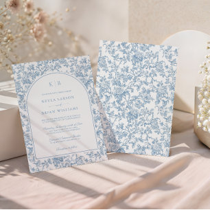 Invitation Arc de mariage à monogramme en toile florale bleu 