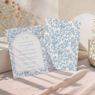 Invitation Arc de mariage à monogramme en toile florale bleu 