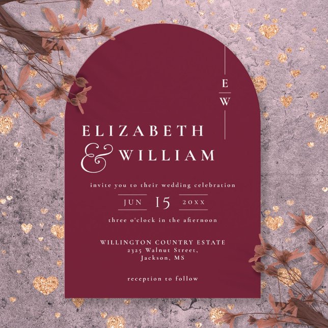 Invitation Arc de mariage élégant et chic moderne en Bourgogn (Burgundy Modern Elegant Chic Monogram Wedding Arch Invitation)