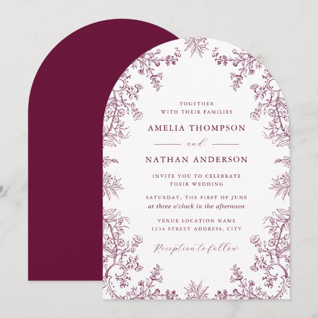 Invitation Arc de mariage élégant floral bordeaux  (Devant / Derrière)