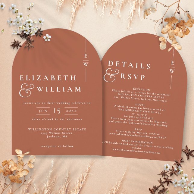 Invitation Arc de mariage moderne monogrammé tout-en-un en te (Terracotta All In One Modern Monogram Wedding Arch Invitation)