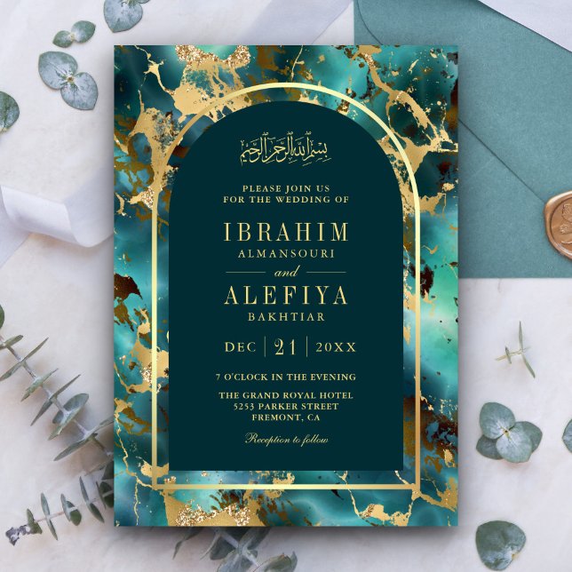 Invitation Arc de mariage musulman en marbre doré turquoise (Créateur téléchargé)