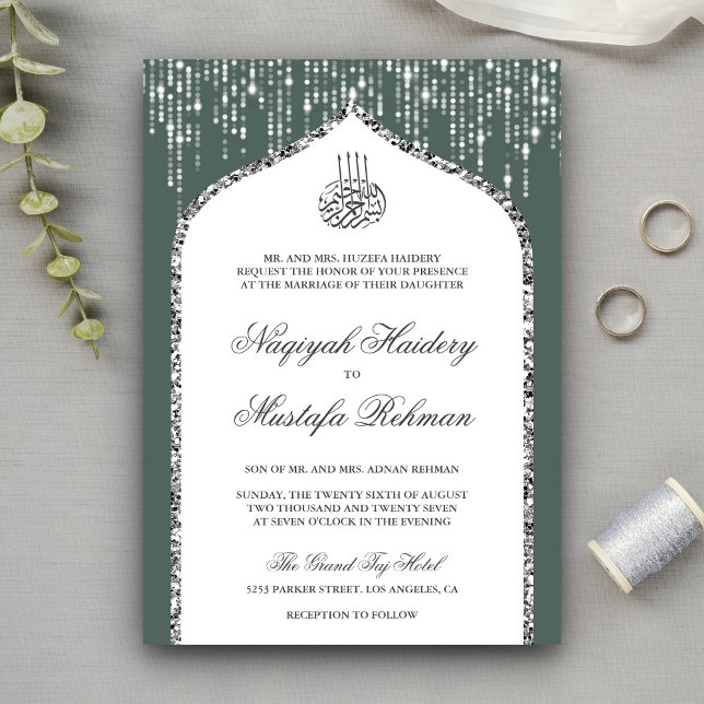 Invitation Arc de mariage musulman vert blanc argent pailleté (Créateur téléchargé)