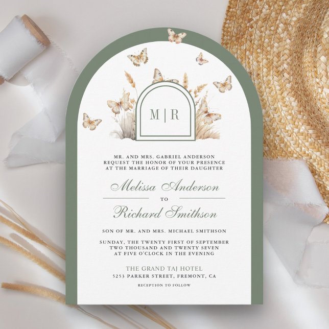 Invitation Arc de mariage papillon fleur sauvage beige vert s (Créateur téléchargé)