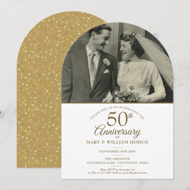 Invitation Arc de mariage photo cœurs dorés 50e anniversaire (Devant / Derrière)