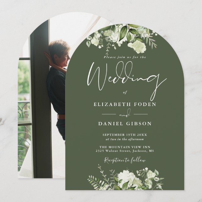 Invitation Arc de mariage photo de verdure florale vert olive (Devant / Derrière)