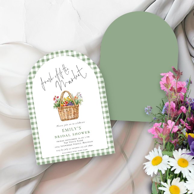 Invitation Arc de Noces de Gingham Frais du Marché avec Texte (Front and back view)