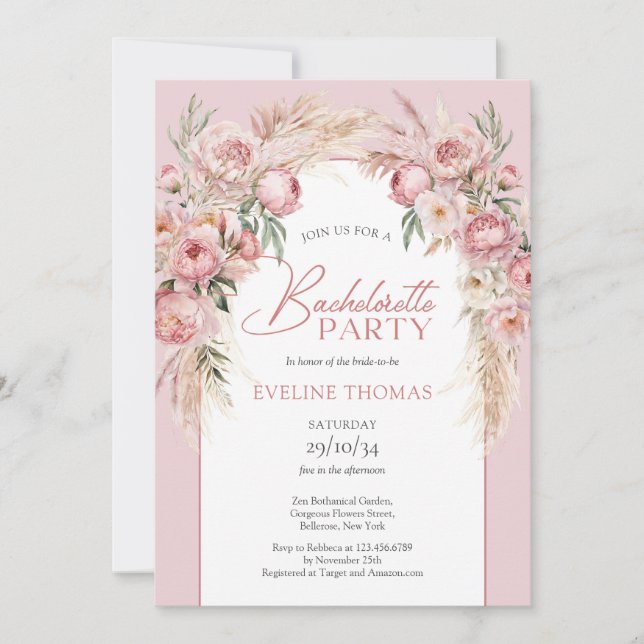 Invitation Arc de pampas boho rustique Blush rose (Devant)