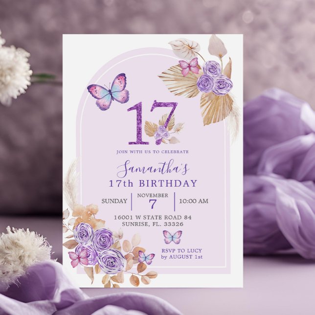 Invitation Arc de papillon violet Boho 17e anniversaire (Créateur téléchargé)