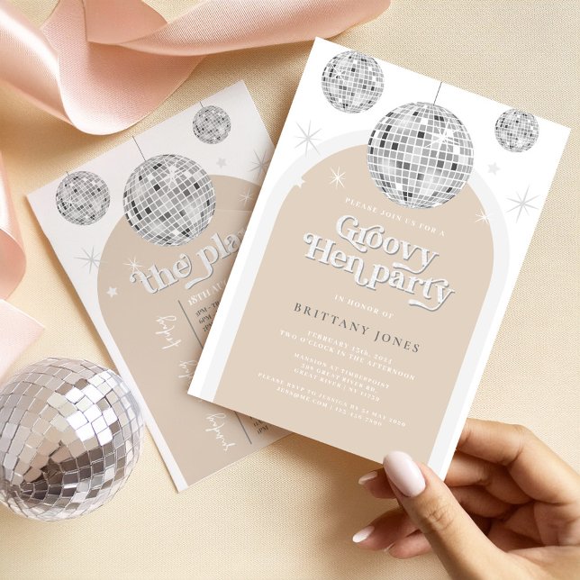 Invitation Arc de Parties scintillant Disco Argent Retro Hen  (Créateur téléchargé)