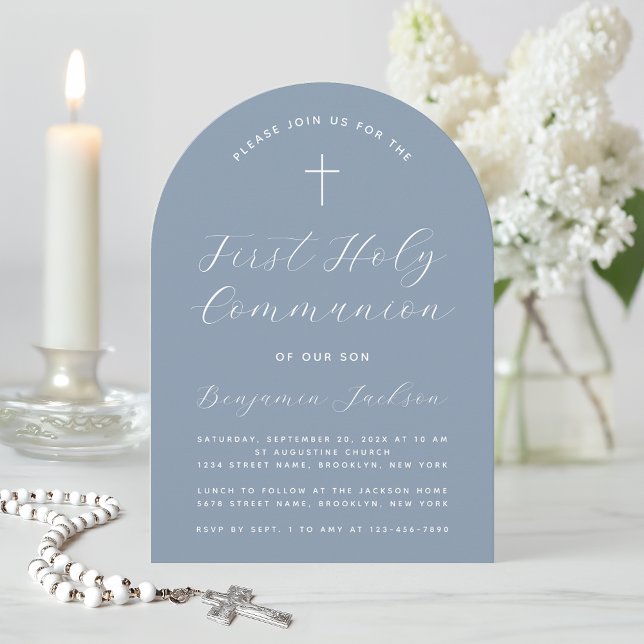 Invitation Arc de première communion bleu poussiéreux écritur (Créateur téléchargé)