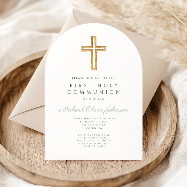 Invitation Arc de première communion religieux vert sauge élé (Elegant Sage Green Religious First Communion Arch Invitation)