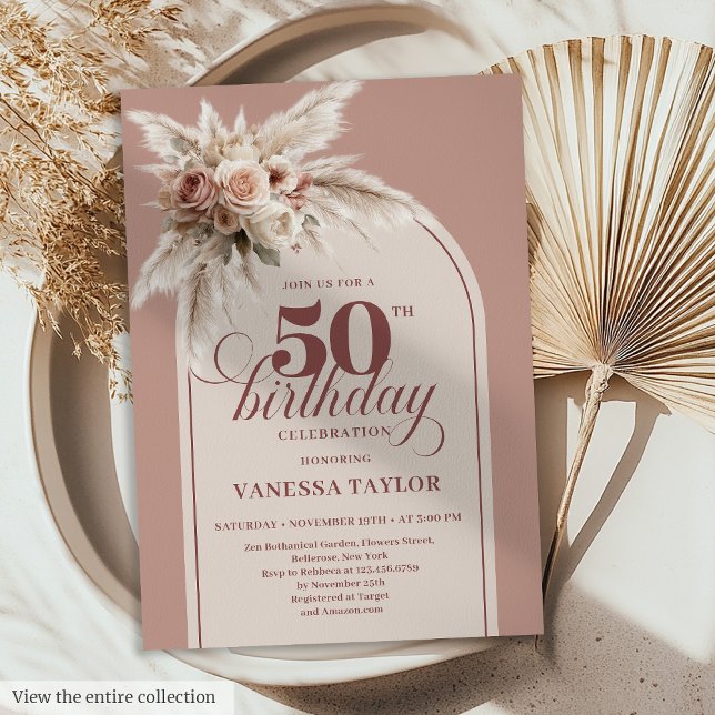 Invitation Arc de style pastel rose Pampas Floral 50 Annivers (Stylish Arch Pastel Pink Pampas Floral 50 Birthday Invitation)