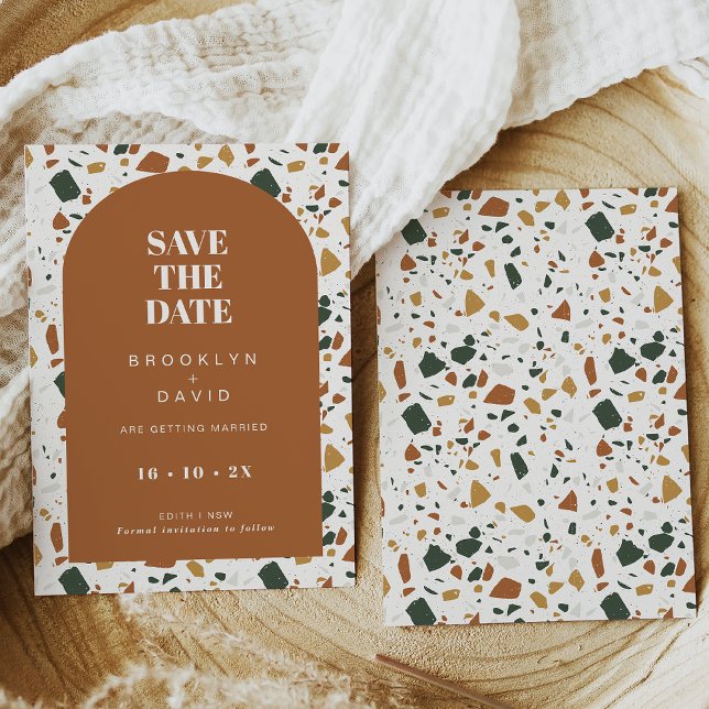 Invitation Arc De Terracotta Moderne Terrazzo Enregistrer La  (Terrazzo wedding save the date card featuring a terracotta arch frame and terracotta flecks.)