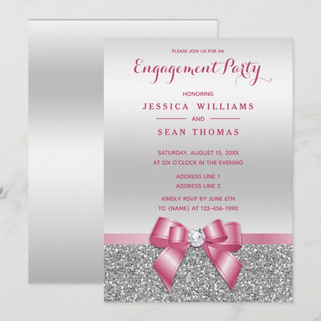Invitation Arc d'engagement rose romantique et paillettes arg (Devant / Derrière)