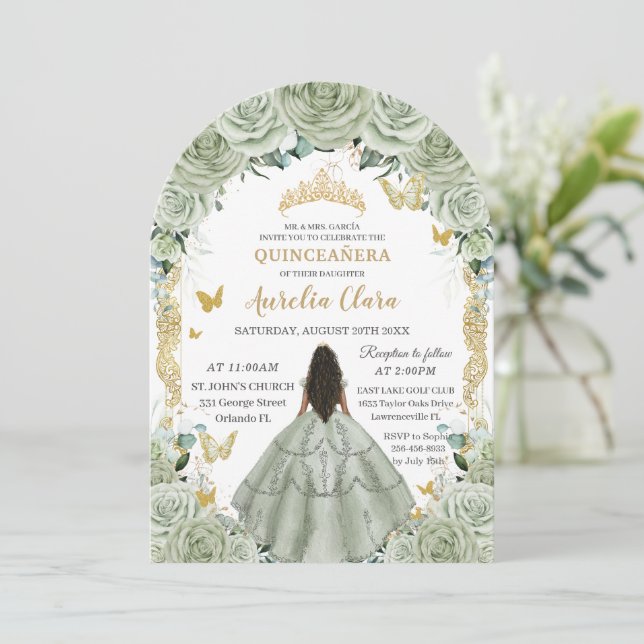 Invitation Arc d'or floral quinceañera 15 XV Sage Vert (Debout devant)