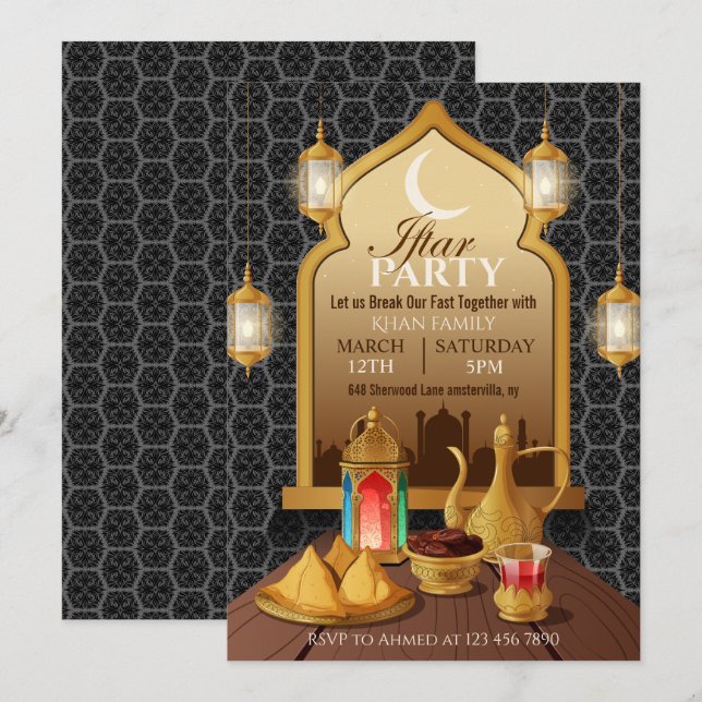 Invitation Arc d'or islamique, Lanternes et Nourriture Soirée (Devant / Derrière)
