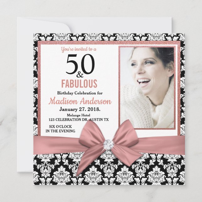Invitation Arc d'or rose noir damask 50e photo d'anniversaire (Devant)