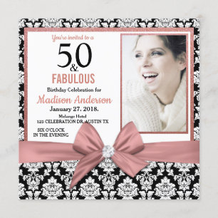 Invitation Arc d'or rose noir damask 50e photo d'anniversaire