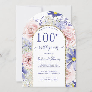 Invitation Arc d'or rose violet fleuri 100e fête d'anniversai