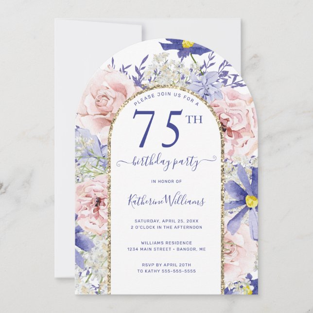 Invitation Arc d'or rose violet fleuri 75e anniversaire (Devant)