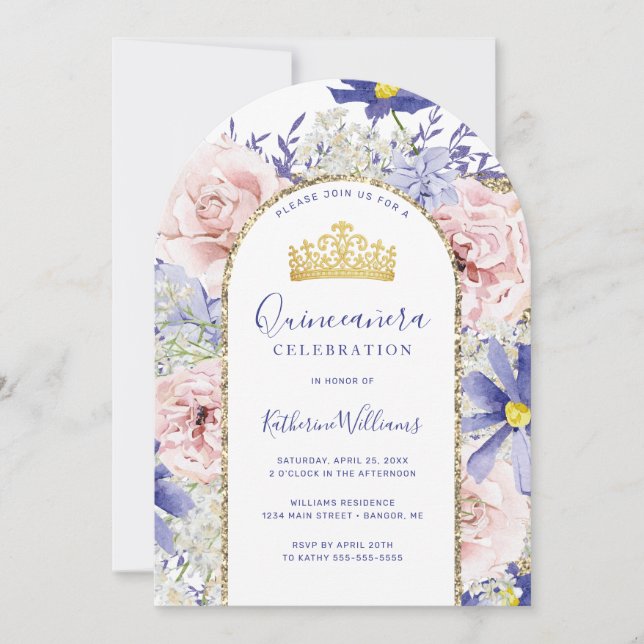 Invitation Arc d'or rose violet Floral Couronne Quinceañera (Devant)