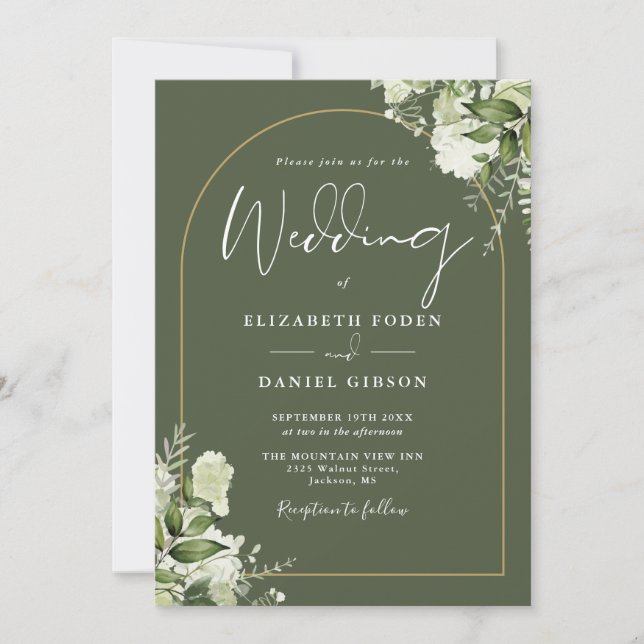 Invitation Arc d'or vert verdure Monogramme Mariage vert oliv (Devant)